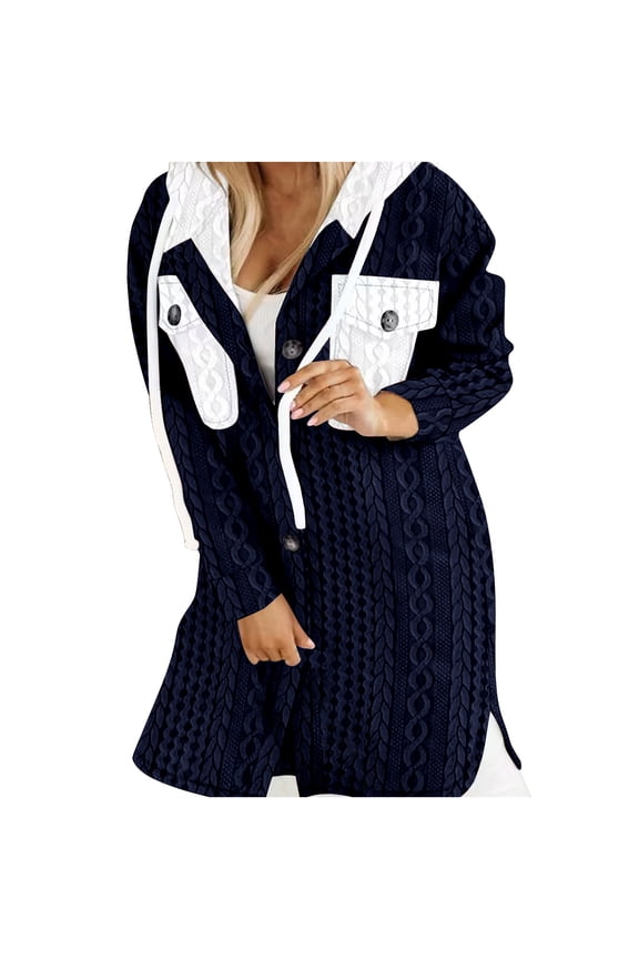 Womens Fall Shacket Jacket Casual Long Sleeve Button down Hooded Coat Texture Color Block Outwear with Pockets