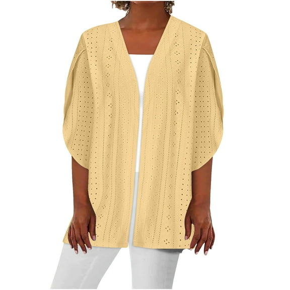 Kaemgyyd 3/4 Sleeve Cardigans for Women Lightweight Open Front Hollow out Blouse Tops Solid Color Long Fall Cardigan