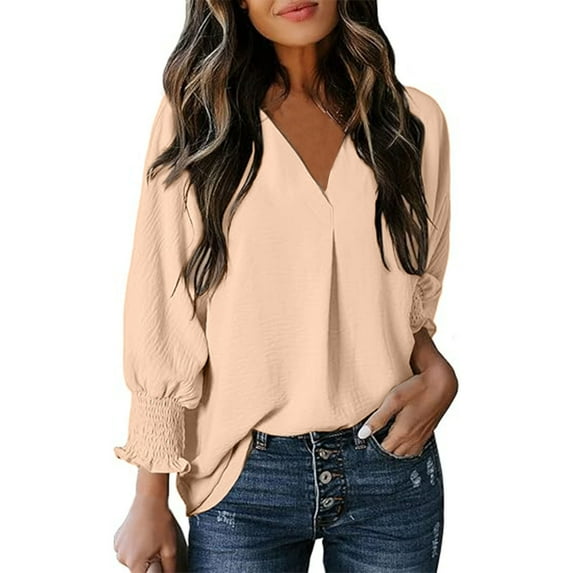 Kaemgyyd Womens 3/4 Ruffle Sleeve Tops Loose Basic V-Neck Work Blouses Casual Office Solid Color Shirts for