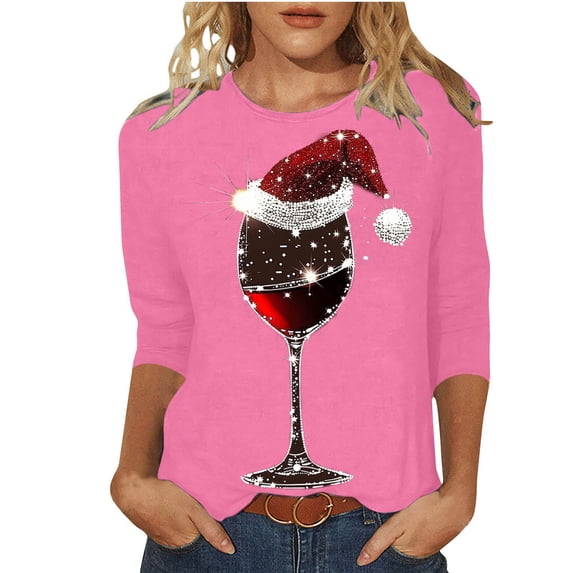 Kaemgyyd Womens 3/4 Sleeve Tops Casual Loose Christmas Tee Cute Print Crew Neck Shirts for Women Fashion Clothing