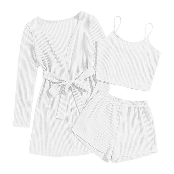 Kaemgyyd Womens 3 Piece Lounge Set Soft Sleepwear Knit Crop Cami Pajama Top Mini Shorts Lightweight Robe Cardigan Sets Loungewear
