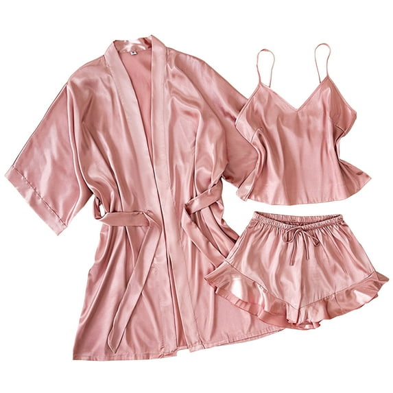 Kaemgyyd Womens 3 Piece Lounge Set Soft Slik Pajama Sets Belted Robe Spaghetti Strap Top and Drawstring Shorts Loungewear Outfit