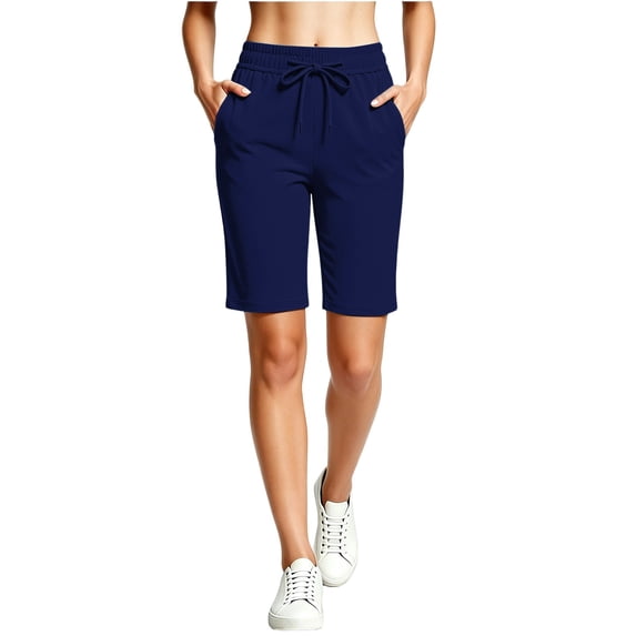 Kaemgyyd Womens Bermuda Sweat Shorts Drawstring High Waist Straight Leg Shorts Knee Length Workout Summer Casual Shorts with Pockets