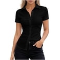 thumbnail image 1 of Kaemgyyd Womens Blouses Button down Collared Ruched Front Tops Slim Fit Short Sleeve Shirt Office Casual Summer Streetwear Outfit, 1 of 6