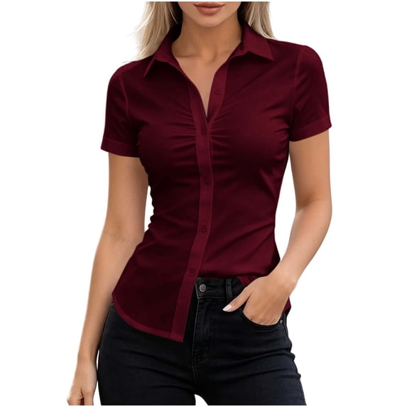Kaemgyyd Womens Blouses Button down Collared Ruched Front Tops Slim Fit Short Sleeve Shirt Office Casual Summer Streetwear Outfit