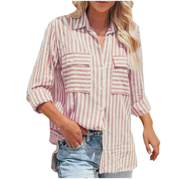 Kaemgyyd Womens Blouses Striped Button down Shirts V Neck with Pockets Casual Long Sleeve Tunic Tops Stylish Fall Outfit