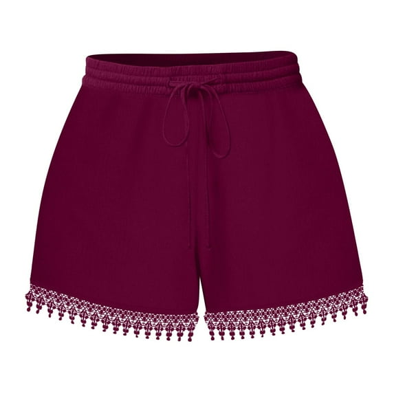 Kaemgyyd Womens Boho Shorts Fashion Lace Trim Plus Size Casual Shorts Trendy Tassel Hem Beach Vaction Shorts with Pockets