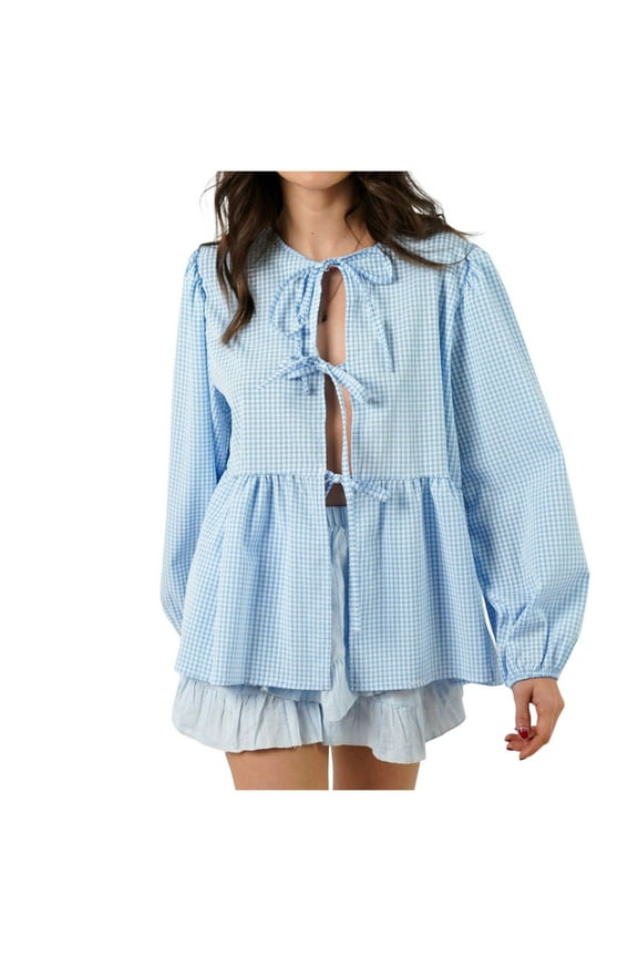 Womens Bow Tie Front Tops Long Sleeve Cute Babydoll Plaid Blouse Loose Crewneck Fashion Shirt Fall