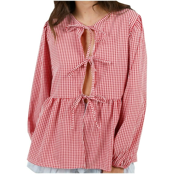 Kaemgyyd Womens Bow Tie Front Tops Long Sleeve Cute Babydoll Plaid Blouse Loose Crewneck Fashion Shirt Fall