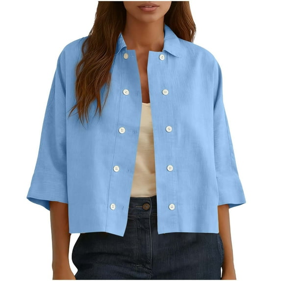 Kaemgyyd Womens Button Down Shirts 3/4 Sleeve Casual Crop Tops Cotton Linen Blouses Lightweight Lapel Spring Fall Overshirt
