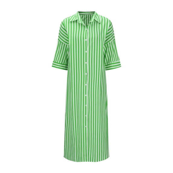 Kaemgyyd Womens Button down Shirt Dresses Casual Stripe Printing 3/4 Sleeve Dress Tunics Blouse Loose Beach Maxi Dress