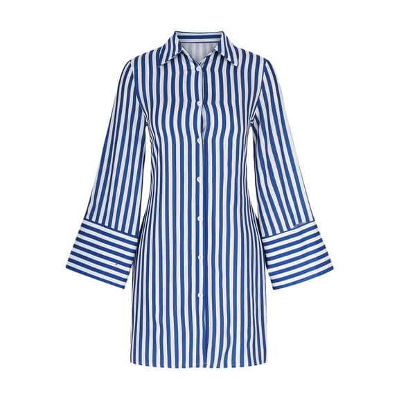 Kaemgyyd Womens Button down Shirt Dresses Casual Trendy Long Sleeve Striped Tunic Dress Fall Fashion Lapel Bodycon Mini Dress