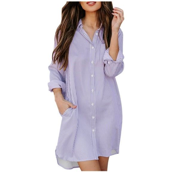 Kaemgyyd Womens Button down Shirt Dresses with Pockets Beach Cover up Striped Tunics Long Sleeve High Low Blouse Tops Dress