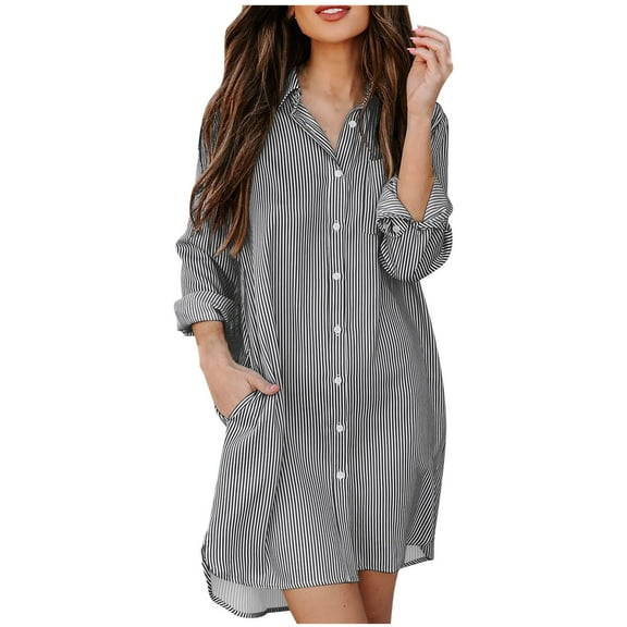 Kaemgyyd Womens Button down Shirt Dresses with Pockets Beach Cover up Striped Tunics Long Sleeve High Low Blouse Tops Dress