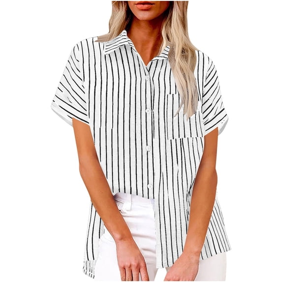 Kaemgyyd Womens Button down Shirts Cotton Linen Short Sleeve Dress Shirts Casual Summer Tops Trendy Stripes Blouses with Pockets