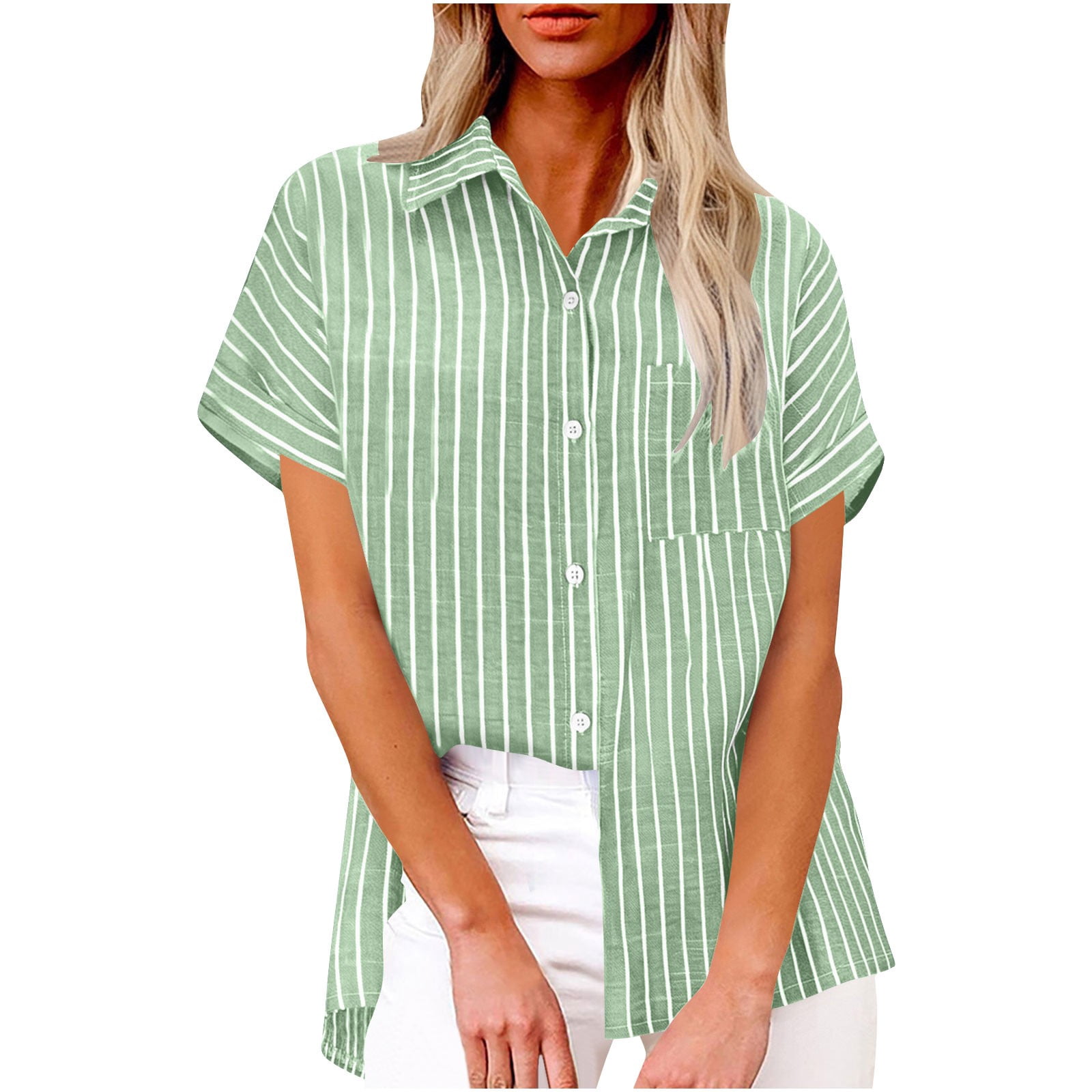 Kaemgyyd Womens Button down Shirts Cotton Linen Short Sleeve Dress ...