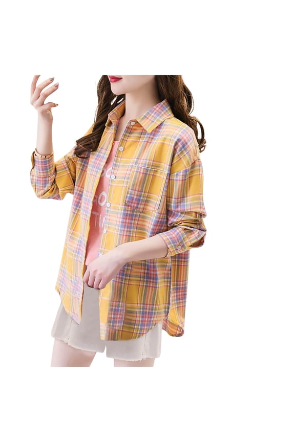 Womens Button down Shirts Fashion Loose Long Sleeve Plaid Shackets Casual Boyfriend Blouse Top with Pockets