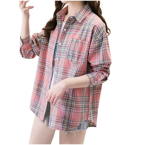 Kaemgyyd Womens Button down Shirts Fashion Loose Long Sleeve Plaid Shackets Casual Boyfriend Blouse Top with Pockets