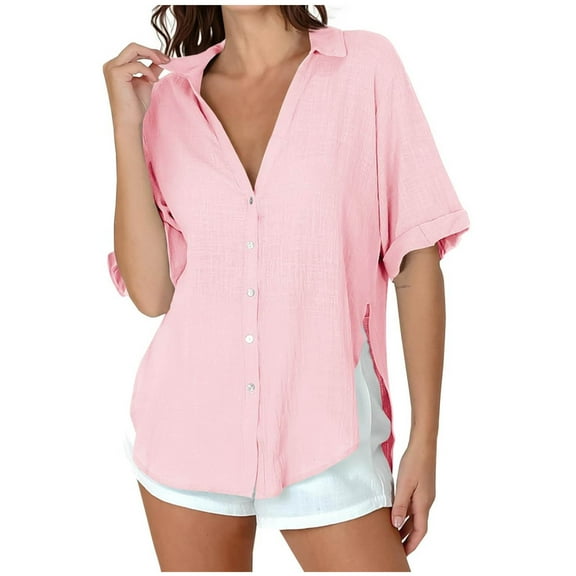 Kaemgyyd Womens Button down Shirts Rolled up Half Sleeve Cotton Linen Beach Vaction Tops Wrinkle Free Loose Fit Side Slit Blouse