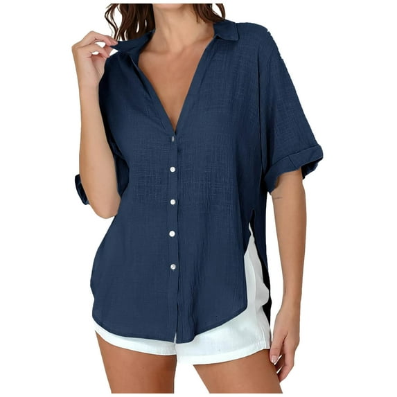 Kaemgyyd Womens Button down Shirts Rolled up Half Sleeve Cotton Linen Beach Vaction Tops Wrinkle Free Loose Fit Side Slit Blouse