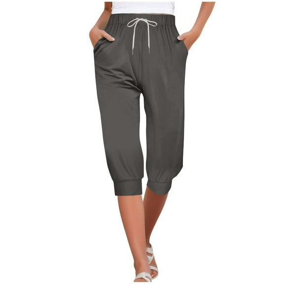 Kaemgyyd Womens Capri Yoga Pants Loose Drawstring High Waist Cropped Trousers Lounge Solid Pajama Pants with Pockets