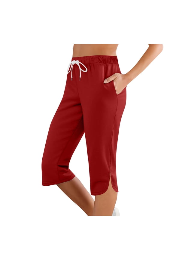 Womens Capri Yoga Pants Loose Workout Joggers Drawstring Sweatpants High Waist Side Slit Cropped Pants with Pockets