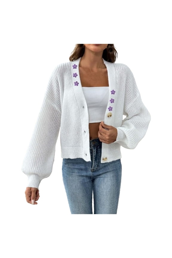 Womens Cardigan Crochet Printing Long Lantern Sleeve Knit Sweater Button down Loose Cute Outerwear
