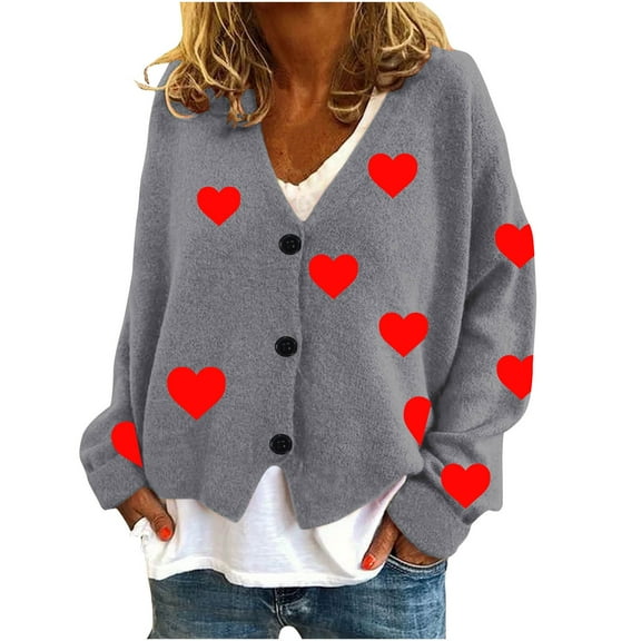 Kaemgyyd Womens Cardigan Sweaters Cute Heart Button down Sweater Tops Casual V Neck Long Sleeve Fall Coat Streetwear