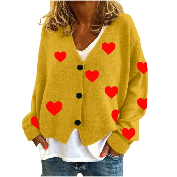 Kaemgyyd Womens Cardigan Sweaters Cute Heart Button down Sweater Tops Casual V Neck Long Sleeve Fall Coat Streetwear