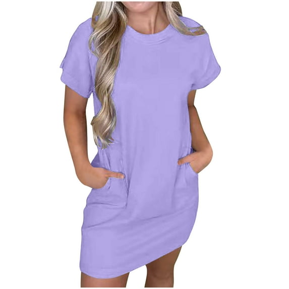 Kaemgyyd Womens Casual Mini Dress Soft Solid Color Short Sleeve Crew Neck T-Shirt Dresses Oversized Tunic Dress with Pockets