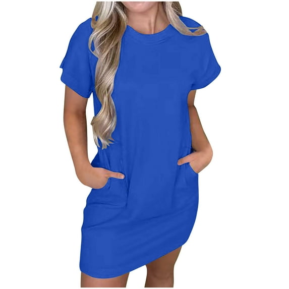 Kaemgyyd Womens Casual Mini Dress Soft Solid Color Short Sleeve Crew Neck T-Shirt Dresses Oversized Tunic Dress with Pockets