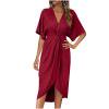 Kaemgyyd Womens Casual Summer Dresses Fashion V Neck Twist Front Half Sleeve Midi Dress Comfy Solid Color Beach Vaction Dresses