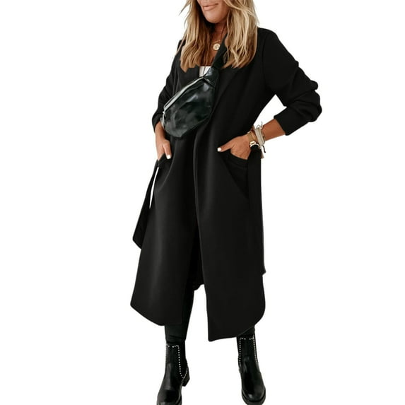 Kaemgyyd Womens Classic Wool Blend Coat Lapel Open Front Belted Long Jacket Winter Work Office Outwear with Pocketed