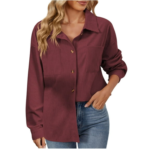 Kaemgyyd Womens Corduroy Button down Shirts Casual Loose Long Sleeve Blouses Solid Color Tops with Pockets Shacket Jacket