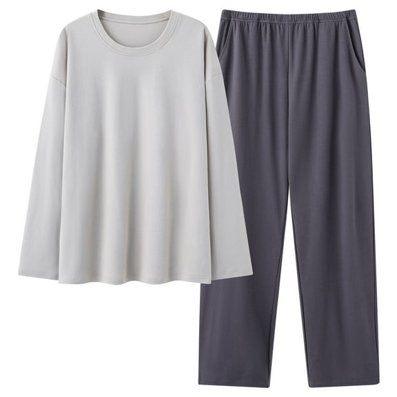 Kaemgyyd Womens Cotton 2 Piece Set Unisex Loose Long Sleeve Sleep Shirt and Wide Leg Pj Bottom Classic Plus Size Pajama Outfit