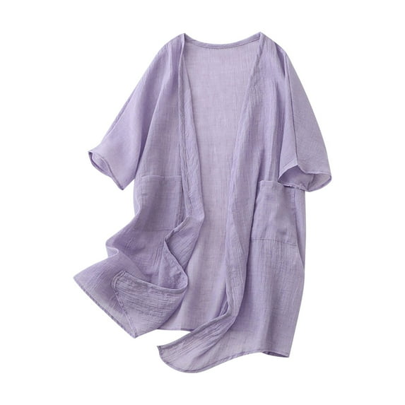 Kaemgyyd Womens Cotton Linen Cardigan Summer Lightweight Casual Tops Vintage Solid Color Half Sleeve Open Front Cardigan