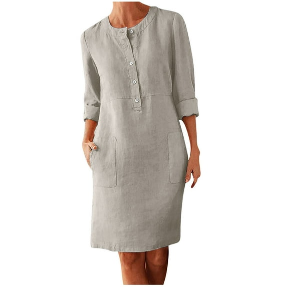 Kaemgyyd Womens Cotton Linen Dress Fall Button Solid Midi Dress Crew Neck T-Shirt Dresses Plus Size Flowy Beach Dress with Pockets