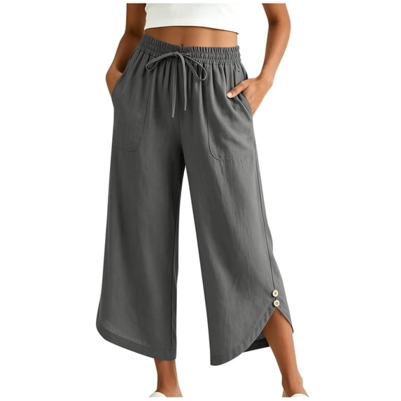 Kaemgyyd Womens Cotton Linen Pants Wide Leg Casual Summer Capri Pants Comfy Cropped Lounge Pants with Drawstring and Pockets