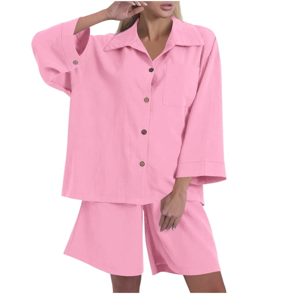 Kaemgyyd Womens Cotton Linen Set Summer 2 Piece Outfit Fashion Oversized Button down Shirts Wide Leg Shorts Set for Beach Vaction
