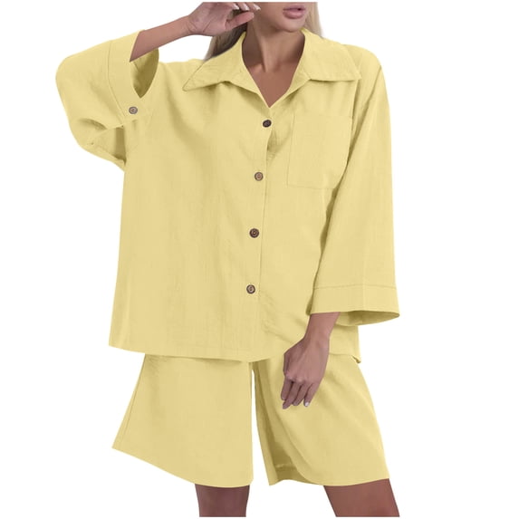 Kaemgyyd Womens Cotton Linen Set Summer 2 Piece Outfit Fashion Oversized Button down Shirts Wide Leg Shorts Set for Beach Vaction