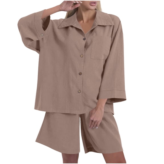 Kaemgyyd Womens Cotton Linen Set Summer 2 Piece Outfit Fashion Oversized Button down Shirts Wide Leg Shorts Set for Beach Vaction
