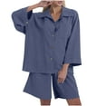 thumbnail image 1 of Kaemgyyd Womens Cotton Linen Set Summer 2 Piece Outfit Fashion Oversized Button down Shirts Wide Leg Shorts Set for Beach Vaction, 1 of 7