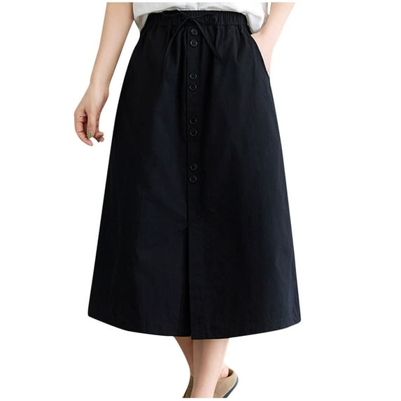 Kaemgyyd Womens Cotton Skirts Casual Loose a Line Tie up Skirt with Pockets Elastic Waist Button Slit Midi Skirt