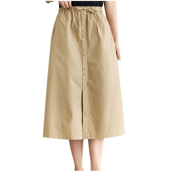 Kaemgyyd Womens Cotton Skirts Casual Loose a Line Tie up Skirt with Pockets Elastic Waist Button Slit Midi Skirt