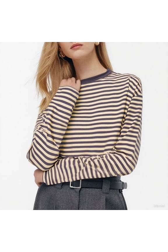 Womens Cropped T Shirts Casual Crew Neck Fashion Striped Tops Loose Fit Long Sleeve Fall Tees Streetwear S-2Xl