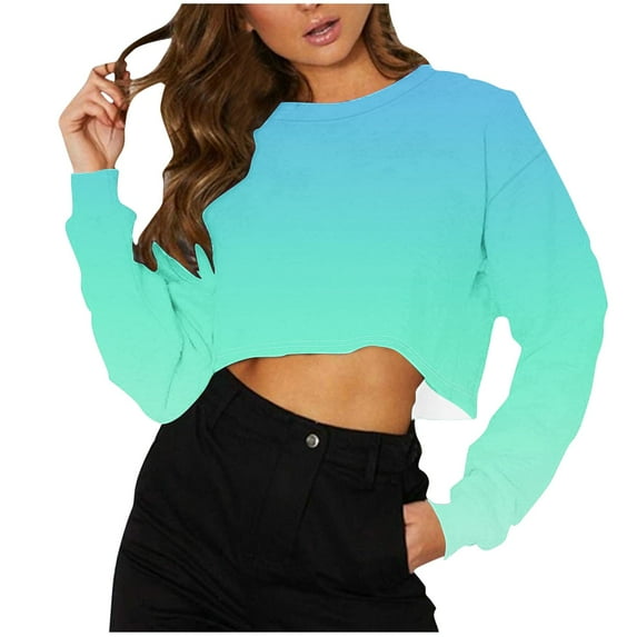 Kaemgyyd Womens Cropped T Shirts Casual Crew Neck Long Sleeve Gradient Baisc Tees Workout Loose Athletic Gym Running Tops