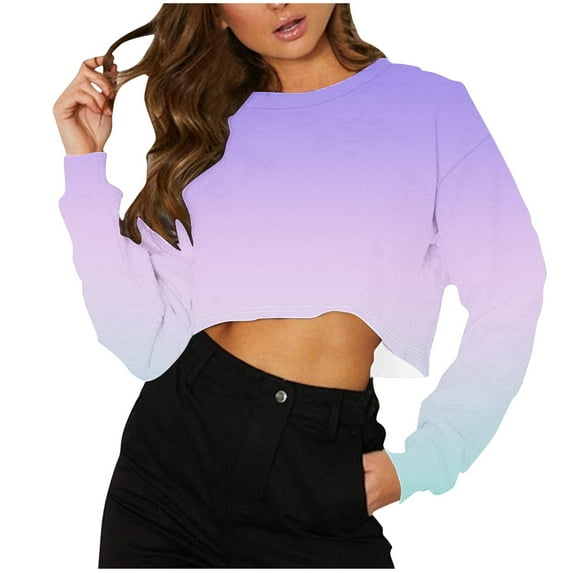 Kaemgyyd Womens Cropped T Shirts Casual Crew Neck Long Sleeve Gradient Baisc Tees Workout Loose Athletic Gym Running Tops