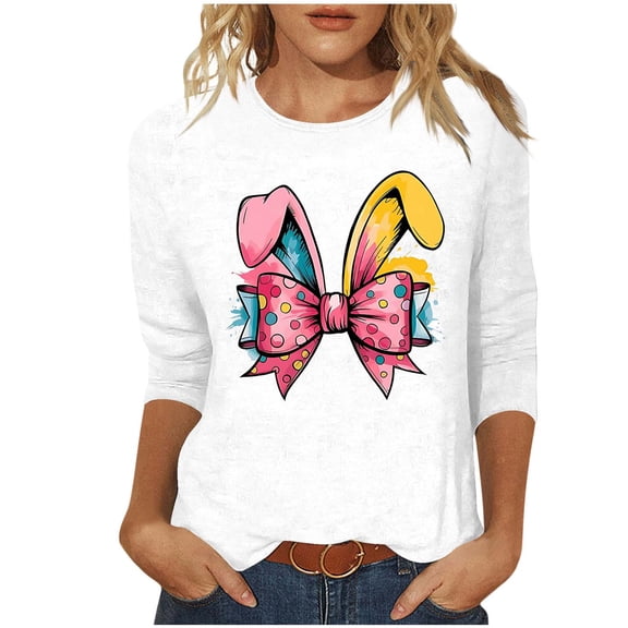 Kaemgyyd Womens Easter Tops Casual Loose V Neck T Shirt Cute Graphics 3/4 Sleeve Tee Spring Casual Blouse