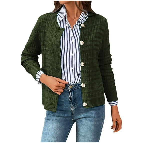 Kaemgyyd Womens Fall Coat Solid Color Textured Open Front Long Sleeve Cardigan Sweaters Crewneck Button down Knit Tops