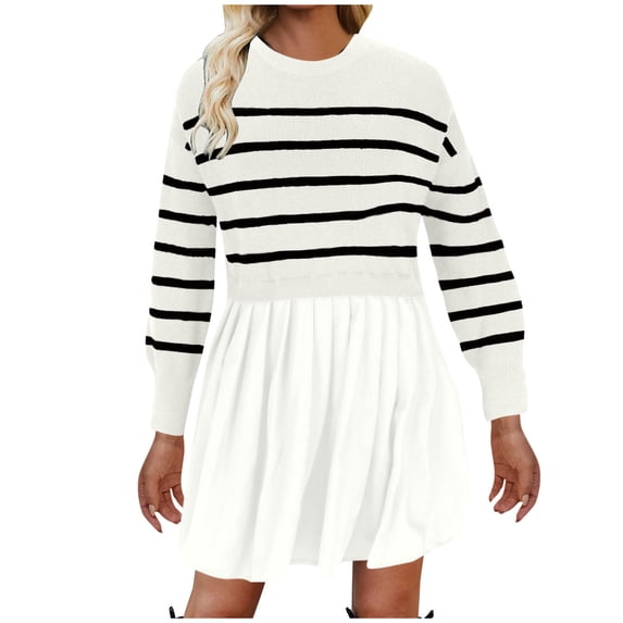 Kaemgyyd Womens Fall Long Sleeve Stripe Pleated Pullover Mini Dress Crew Neck Knit Patchwork Casual Sweatshirt Dress